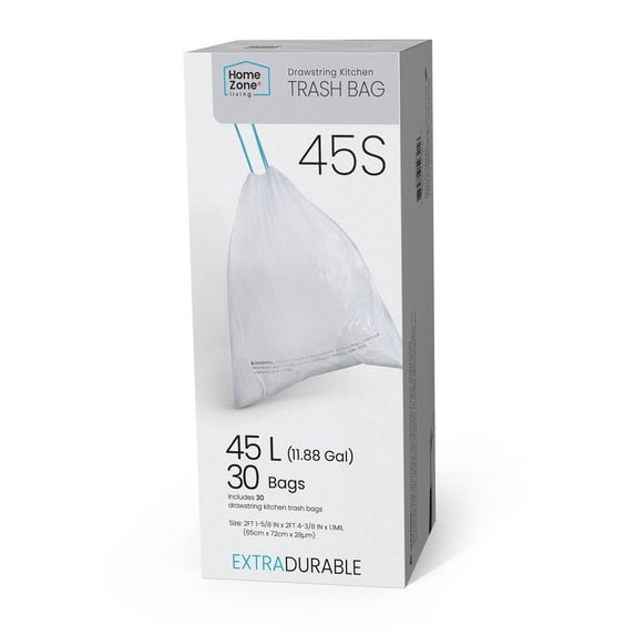 Home Zone Living Code 45S Drawstring Kitchen Trash Bags Custom Fit for 12 Gallon Bins, 30-Count