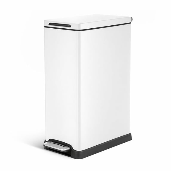 Home Zone Living 12 Gallon Slim Kitchen Trash Can with Step Pedal, Soft-Close Lid and Removable Liner, Stainless Steel, Matte White