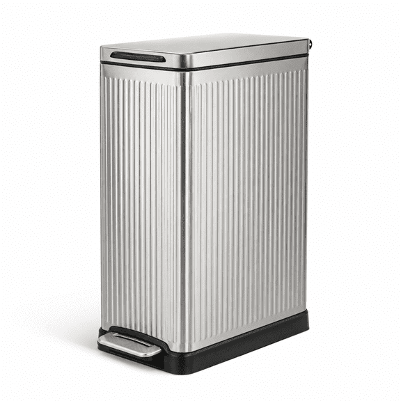 Home Zone Living 12 Gallon Silver Stainless Steel Slim Kitchen Trash Can with Reeded Body
