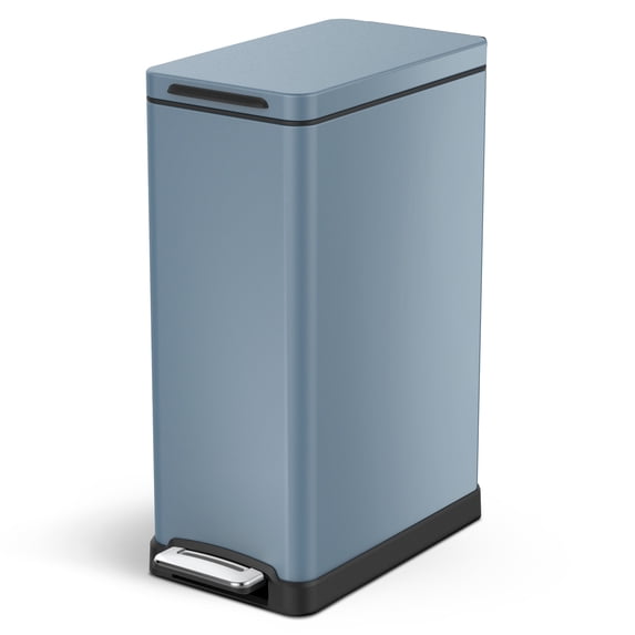 Home Zone Living 12 Gallon Slim Kitchen Trash Can with Step Pedal, Soft-Close Lid and Removable Liner, Stainless Steel, Slate Blue