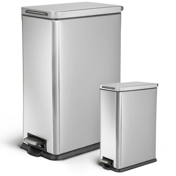 Home Zone Living 12 Gallon and 3 Gallon Slim Stainless Steel Trash Can Set with Step Pedals and Soft-Close Lids