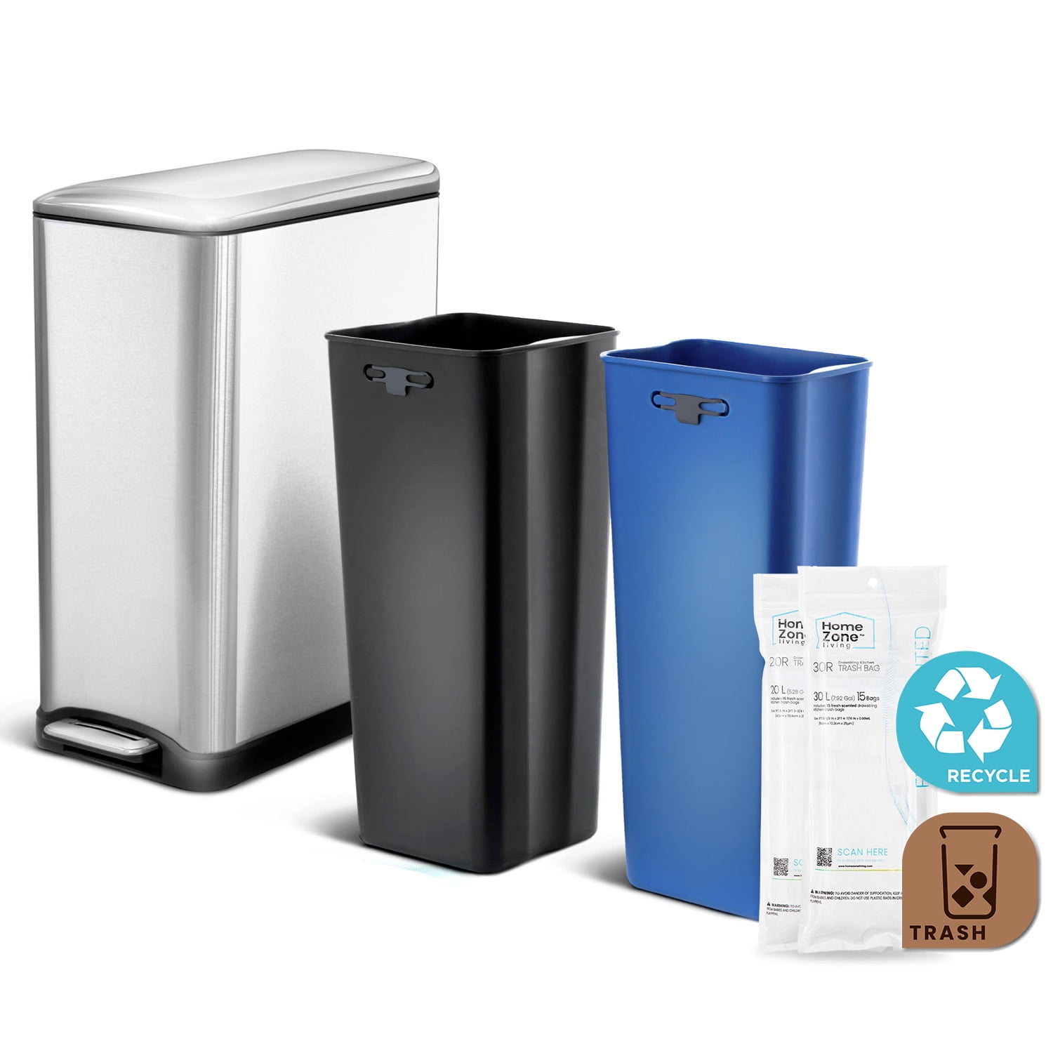 Home Zone Living 12 gal Dual Kitchen Trash Can Stainless Steel, Black