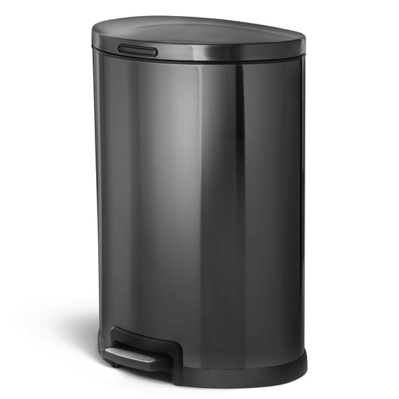 Home Zone Living 12 Gallon Semi-Round Stainless Steel Kitchen Trash Can with Step Pedal and Soft Close Lid, Black