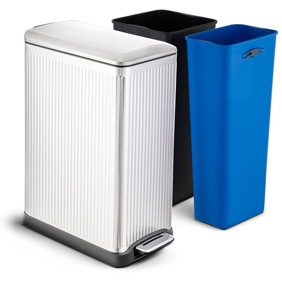 Home Zone Living 13 Gallon Dual Compartment Kitchen Trash Can with Step Pedal, Soft-Close Lid and Reeded Stainless Steel Body, Silver