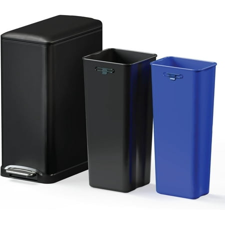 Home Zone Living 13 Gallon Kitchen Trash Can, Dual Removable Liners for Recycling and Trash, 50 Liter Slim Stainless Steel Shape (8 + 5 for 13 Gallons Total)