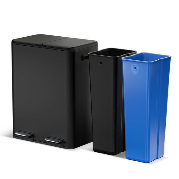 Home Zone Living 16 Gallon Stainless Steel Dual Trash and Recycling Can with Removable Liners and Soft Close Lids, Black