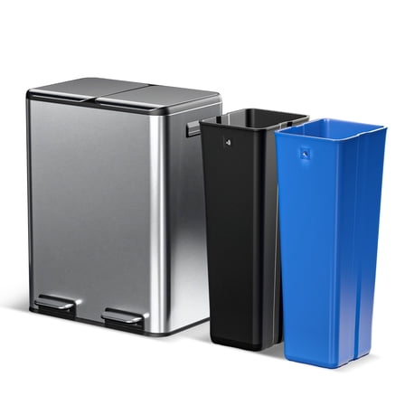 Home Zone Living 16 Gallon Stainless Steel Dual Trash and Recycling Can with Removable Liners and Soft Close Lids, Silver