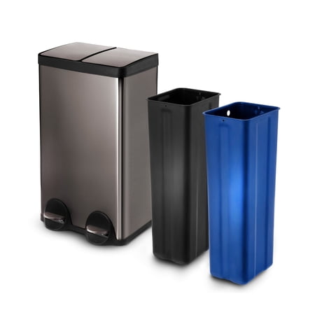 Home Zone Living 16 Gallon Dual Trash and Recycling Can with Removable Liners and Soft Close Lids, Stainless Steel, Black