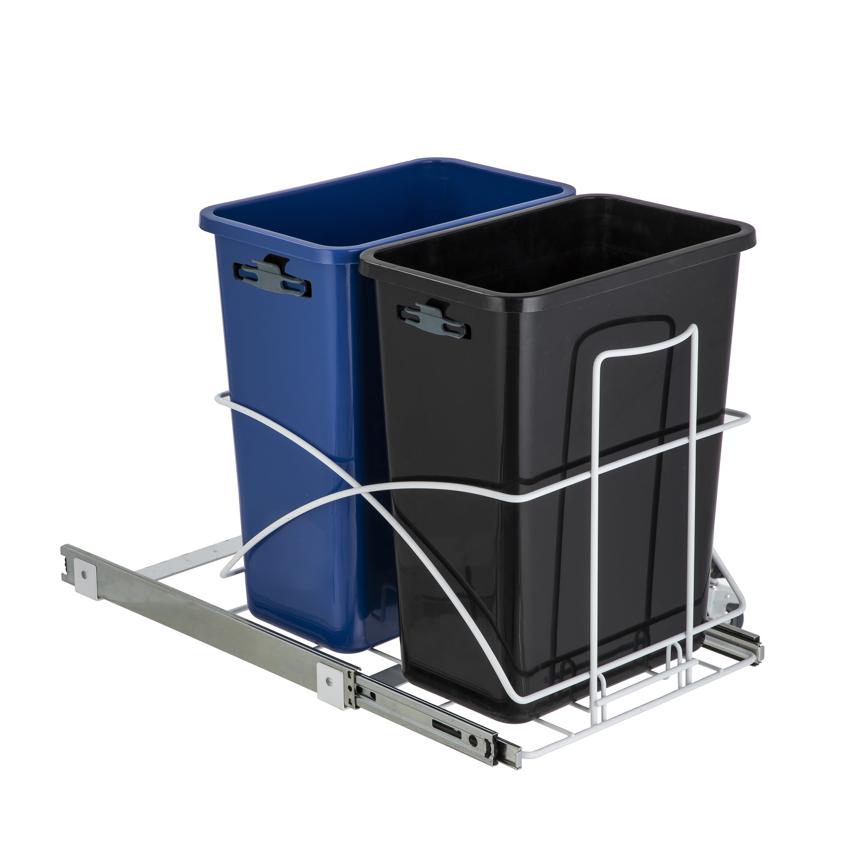 Dual Compartment Black and Blue Plastic Pull-Out Kitchen Trash Can