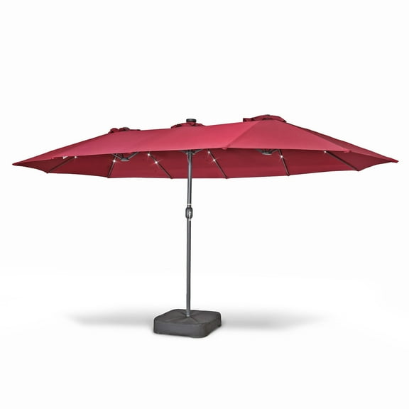 Home Zone Living 15x9 Ft Double Head Patio Umbrella with Base, 36 LED Lights, Sand Bags, UV resistant & Waterproof, 213 LBS Total Weight, Burgundy Red