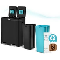 Home Zone Living 16 Gallon Kitchen Trash Can with Dual Compartments for Recycling, CleanAura Odor Control, Stainless Steel, Matte Black, 60 Liters Total
