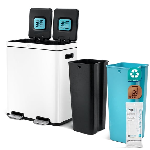 Home Zone Living 16 Gallon Dual Compartment Kitchen Trash Can with CleanAura Odor Control and Step Pedal, Stainless Steel, Matte White, 60 Liters Total