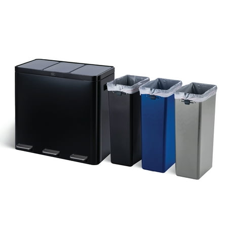 Home Zone Living 16 Gallon Stainless Steel Triple Trash and Recycling Can with Soft Close Lids and Step Pedals, Black