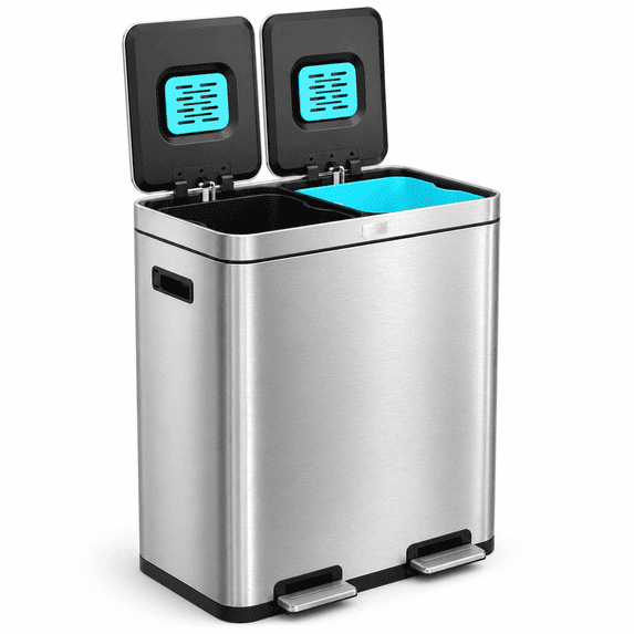 Home Zone Living 16 Gallon Silver Stainless Steel Dual Compartment Kitchen Trash Can with CleanAura