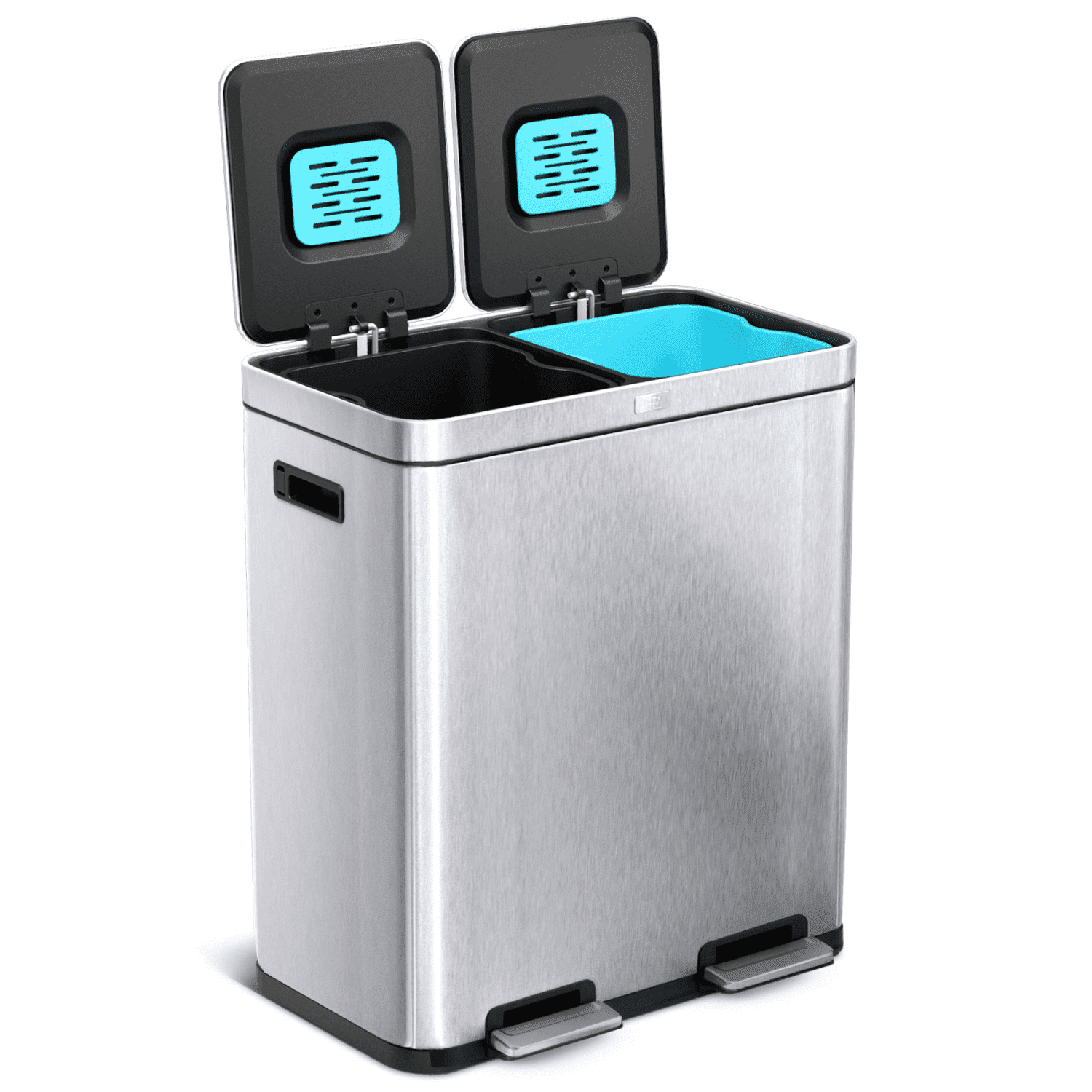 Home Zone Living 16 Gallon Kitchen Trash Can with CleanAura and Dual Compartments, Stainless Steel, Silver