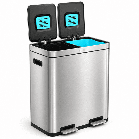 Home Zone Living 16 Gallon Kitchen Trash Can with CleanAura and Dual Compartments, Stainless Steel, Silver