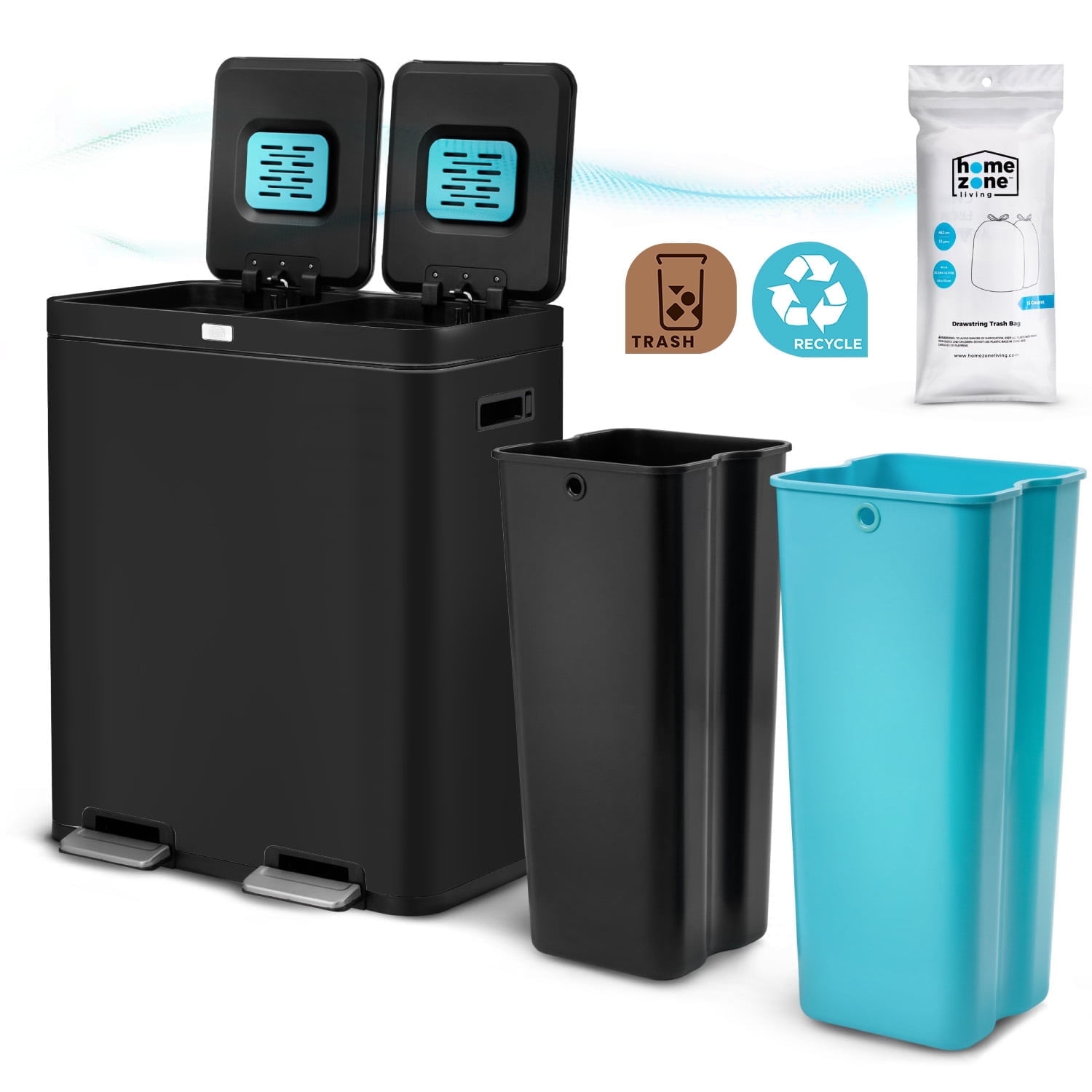 Matte Black 15.8 Gallon Dual Compartment Stainless Steel Kitchen Trash Can