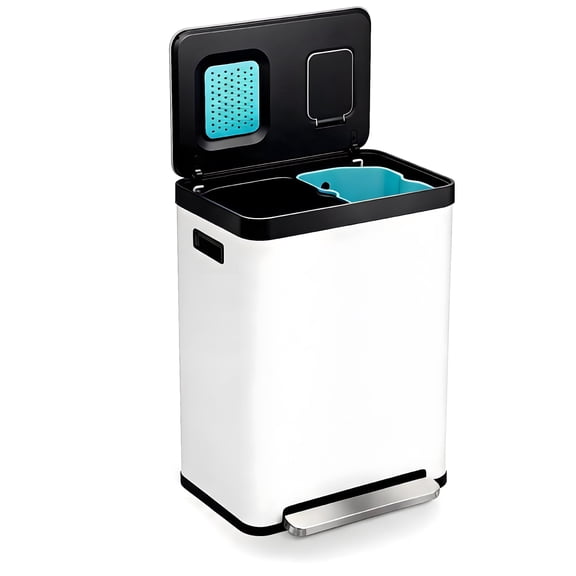 Home Zone Living 19 Gallon Dual Compartment Kitchen Trash Can with CleanAura Odor Control and Recycling Flap, Stainless Steel, White