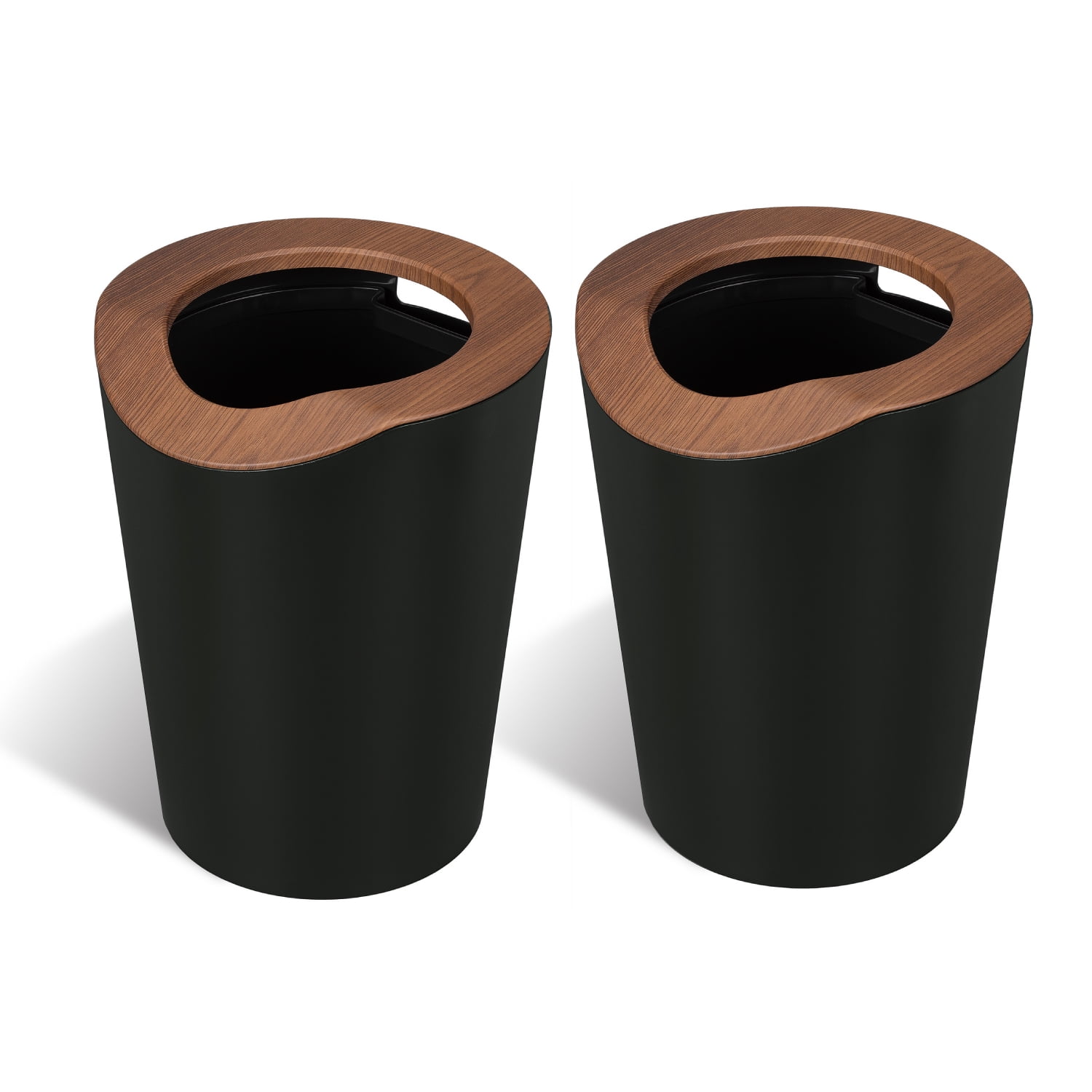 2.3 Gallon Black and Wood Round Trash Can Set
