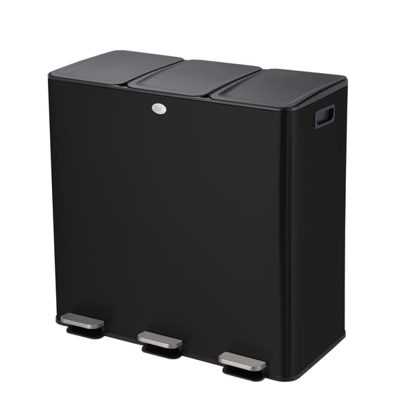 Home Zone Living 24 Gallon Triple-Compartment Stainless Steel Kitchen Trash Can with Step Pedals and Soft-Close Lids, Black