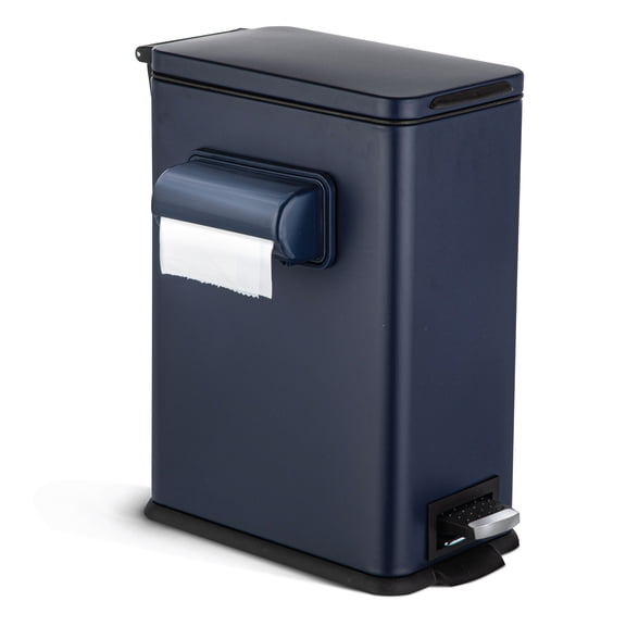 Home Zone Living 3 Gallon Slim Rectangular Dog Waste Trash Can with Bag Holder, Stainless Steel, Matte Navy with Trash Bags