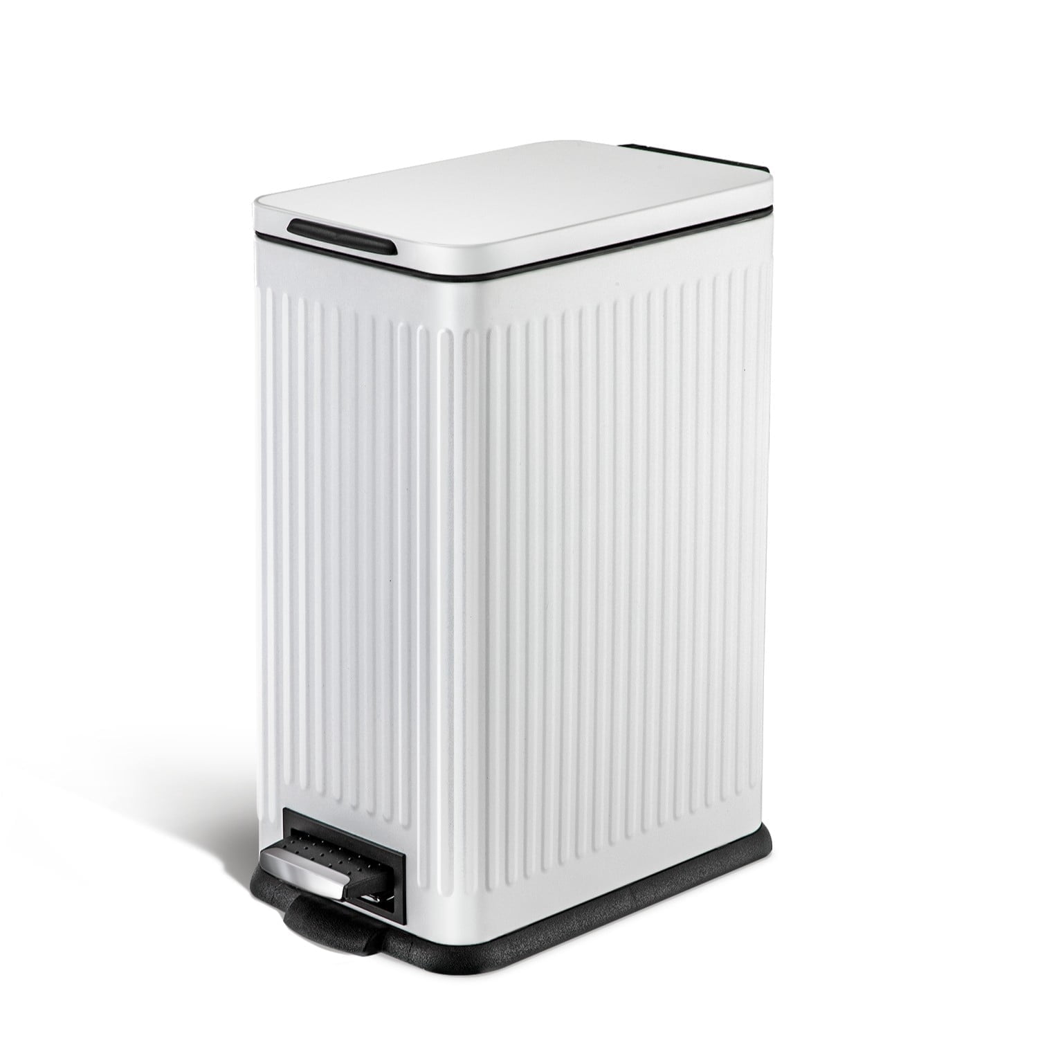 Home Zone Living 4 Gallon Slim Stainless Steel Kitchen Trash Can with Reeded Pattern, Step Pedal and Soft Close Lid, Matte White