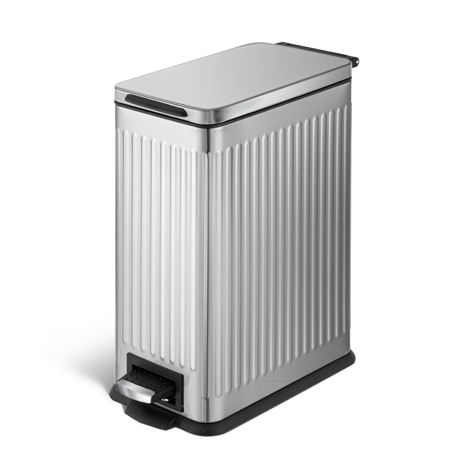 Home Zone Living 4 Gallon Slim Stainless Steel Kitchen Trash Can with Reeded Pattern, Step Pedal and Soft Close Lid, Silver