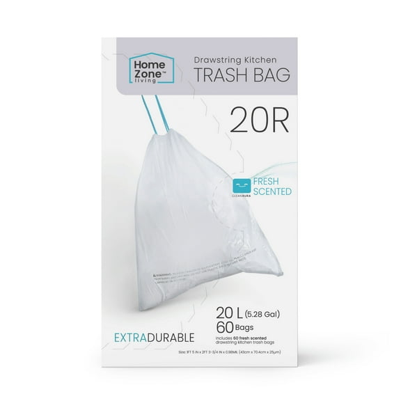 Home Zone Living Code 20R Drawstring Kitchen Trash Bags Custom Fit for 5 Gallon Recycling Bins, 60-Count
