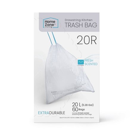 Home Zone Living 5 Gallon Drawstring Kitchen Trash Bags, Code 20R, 60 Count