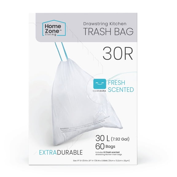 Home Zone Living Code 30R Drawstring Kitchen Trash Bags Custom Fit for 8 Gallon Recycling Bins, 60-Count
