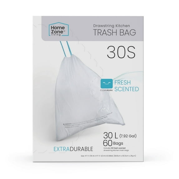 Home Zone Living Code 30S Drawstring Kitchen Trash Bags Custom Fit for 8 Gallon Bins, 60-Count