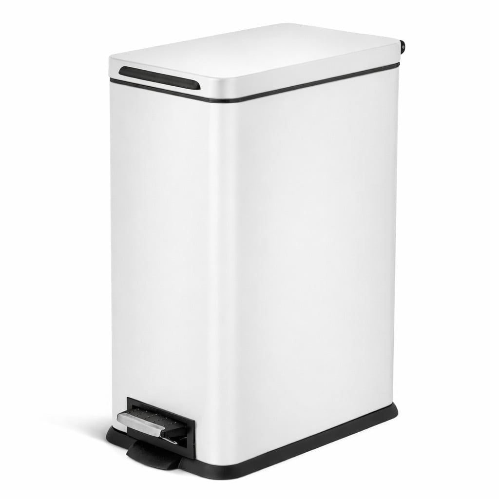 Home Zone Living 8 Gallon Slim Kitchen Trash Can with Step Pedal, Soft-Close Lid and Removable Liner, Stainless Steel, Matte White
