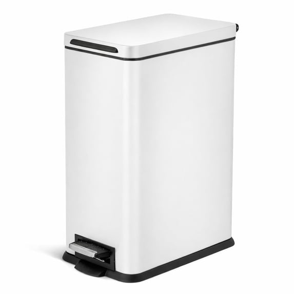 Home Zone Living 8 Gallon Slim Kitchen Trash Can with Step Pedal, Soft-Close Lid and Removable Liner, Stainless Steel, Matte White
