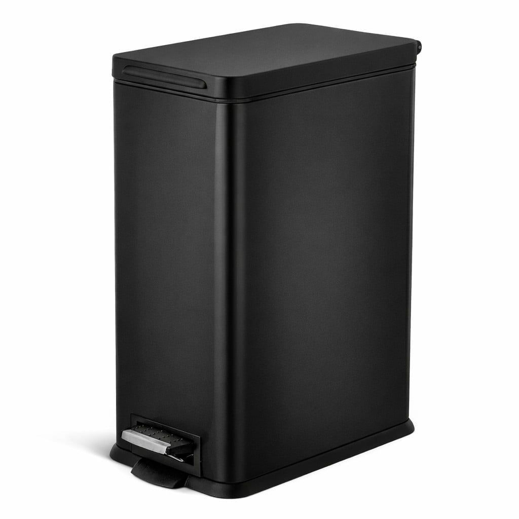 Home Zone Living 8 Gallon Slim Kitchen Trash Can with Step Pedal, Soft-Close Lid and Removable Liner, Stainless Steel, Matte Black
