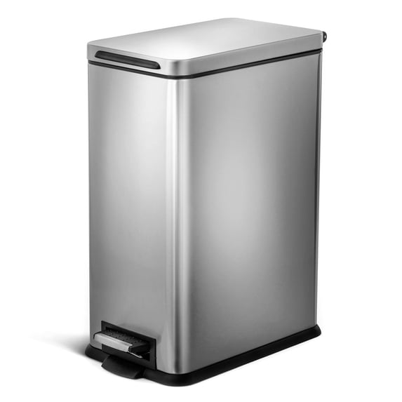 Home Zone Living 8 Gallon Silver Stainless Steel Slim Kitchen Trash Can with Step Pedal and Soft-Close Lid