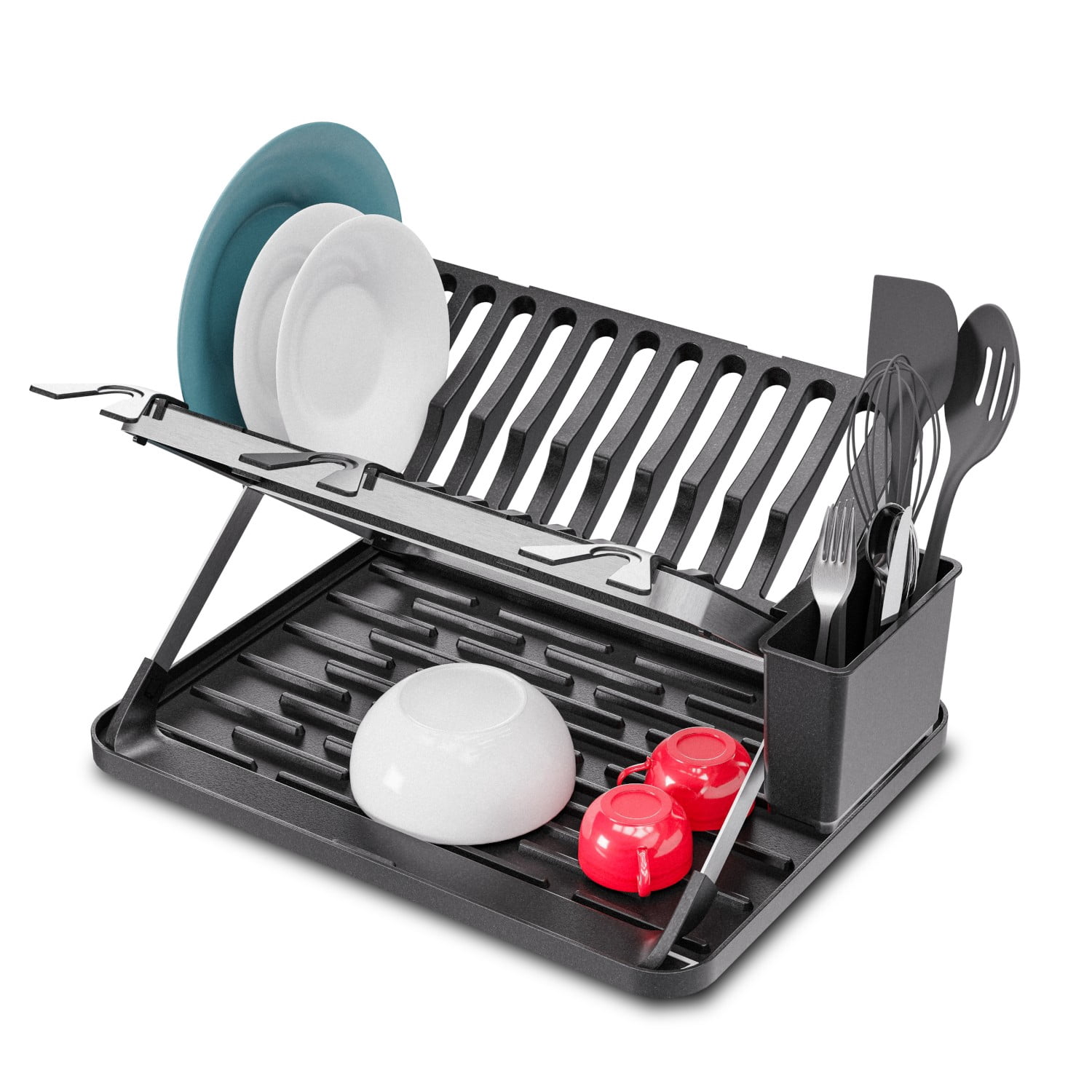 Home Zone Living Foldable X-Frame Dish Drying Rack with Drip Tray and Utensil Caddy