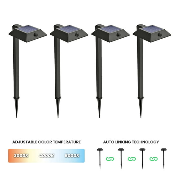 Home Zone Security Mesh-Linkable 4-Pack Contemporary-Style Solar LED Security Pathway Light with 110° x 16-Ft. Motion Detection, and 4-Channel Settings, ELI1576G