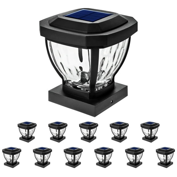 Home Zone Security Solar Post Cap Lights - Decorative Glass LED Outdoor Fits 3.5 x 3.5 in. Post Lights, Black (12-Pack)