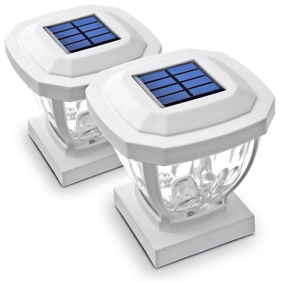 Home Zone Security Solar Post Cap Lights - LED 4x4 (3.5 x 3.5 in.) Post Lights, White, 2-Pack