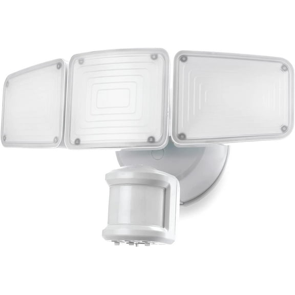 Home Zone Security 3500 Lumen LED Motion Sensor Light - Outdoor Weather Resistant Triple Head 5000K Security Light with Dusk to Dawn Mode and Easy Connect Back Panel, White