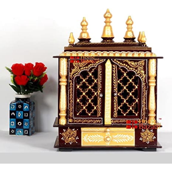 Home and Bazaar Rajasthani Ethnic Handcrafted Wooden Temple/Mandir/Pooja Ghar/Mandapam Size 18 x 12 x 24 Inch