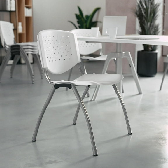 Home and Office White Plastic Stack Chair with Perforated Back - Guest Chair