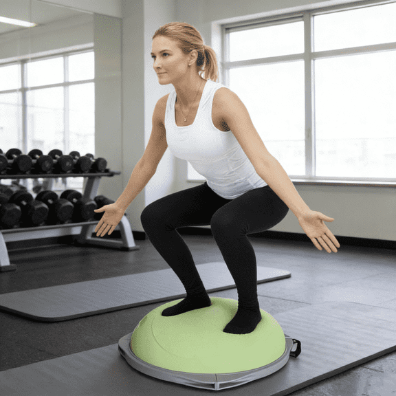 Home fitness equipment, yoga fitness balance ball, for exercising hip muscles, hemispherical balance trainer, 27.5-inch home gym core training anti-slip yoga ball, indoor fitness and body shaping.