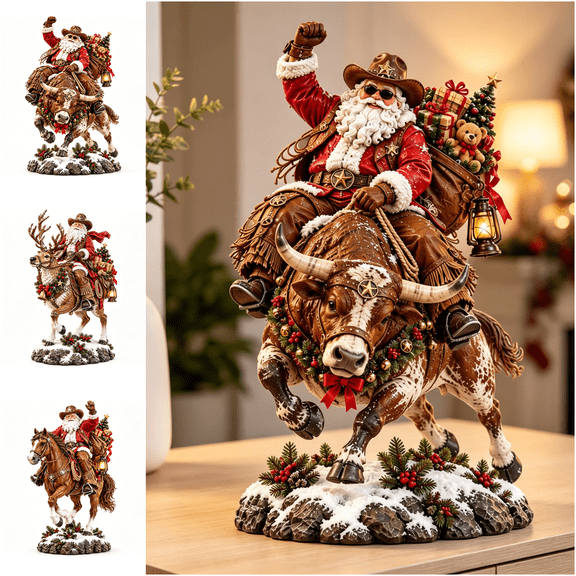 Home for Christmas Cowboy Santa,Rustic Western Holiday Figurine,Frontier Santa with Bull and Gift Saddle for Seasonal Home Display