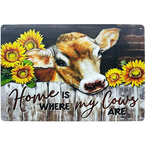 Home is Where My Cows are Funny Bathroom Quote Metal Tin Sign Rustic Sunflower Farmhouse Wall Decor for Home Kitchen 8X12Inch