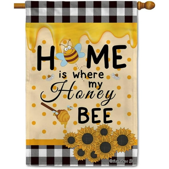 Home is Where My Honey Bee House Flag Sunflowers Buffalo Plaid Welcome Spring Summer Decor Banner for Outdoor Yard 28 X 40 Inch Double Side
