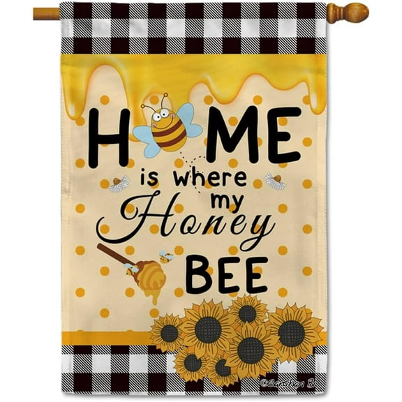 Home is Where My Honey Bee House Flag Sunflowers Buffalo Plaid Welcome Spring Summer Decor Banner for Outdoor Yard 28 X 40 Inch Double Side