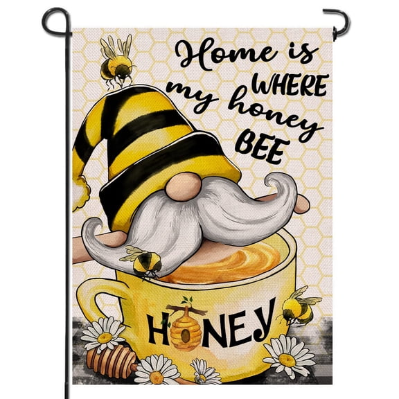 Home is Where My Honey Bumble Bee Gnome Burlap Garden Flag 12x18 Inch Double Sided, Spring Summer Outdoor Yard Decor