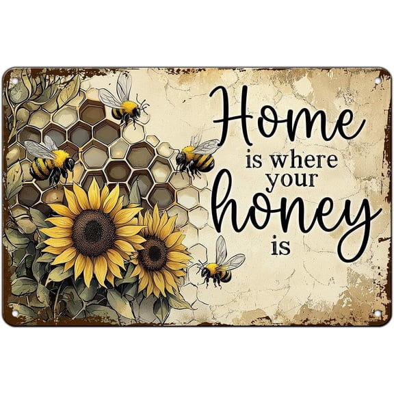 Home is Where Your Honey is Vintage Bee Sunflower Metal Tin Sign Bee Metal Plaque Rustic Farmhouse Wall Decor 12 * 8in