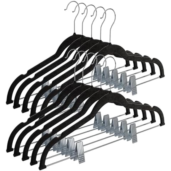 Home-it Pants Hangers With Clips 10 Pack - Black Velvet Non Slip Space-Saving for Pants, Skirts, Coats, Dresses, Tank Tops, Clothes - Felt Ultra Thin